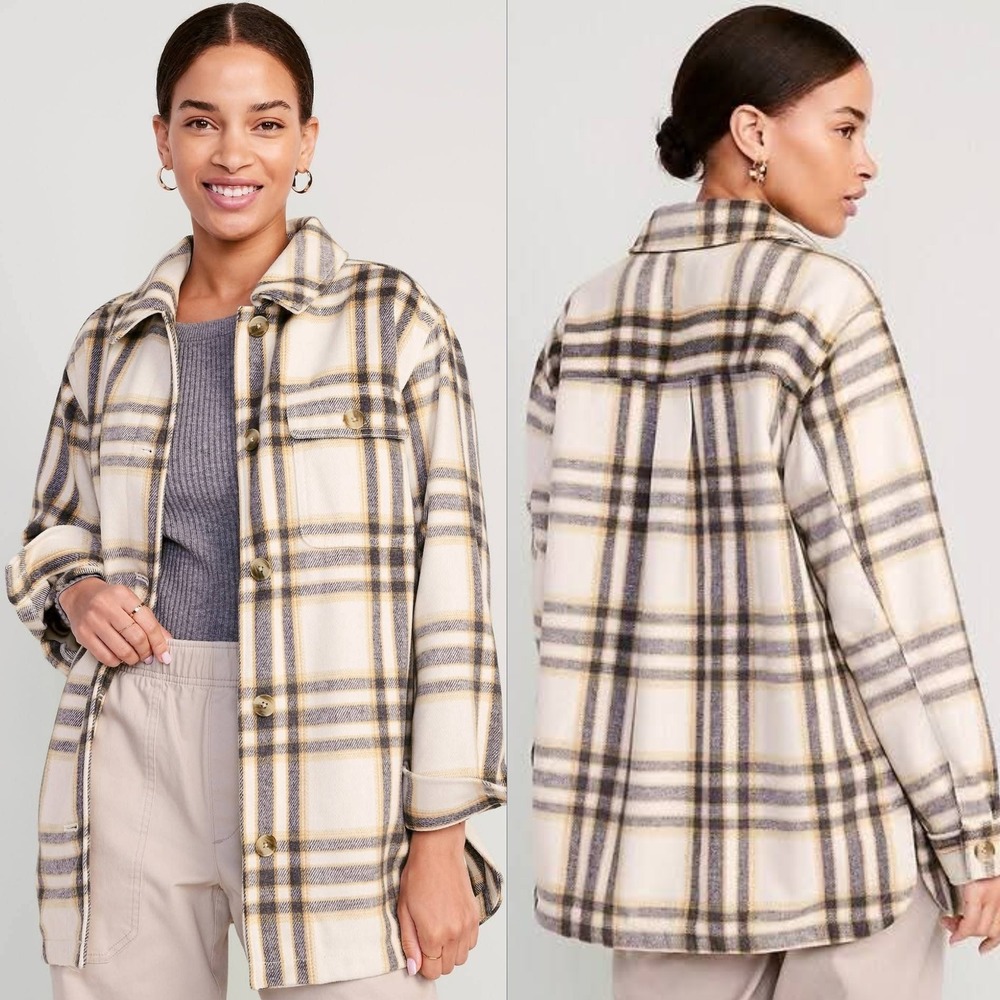Old Navy Shacket Women XL Cream Tan Black Plaid Oversized Flannel Shirt Jacket‎